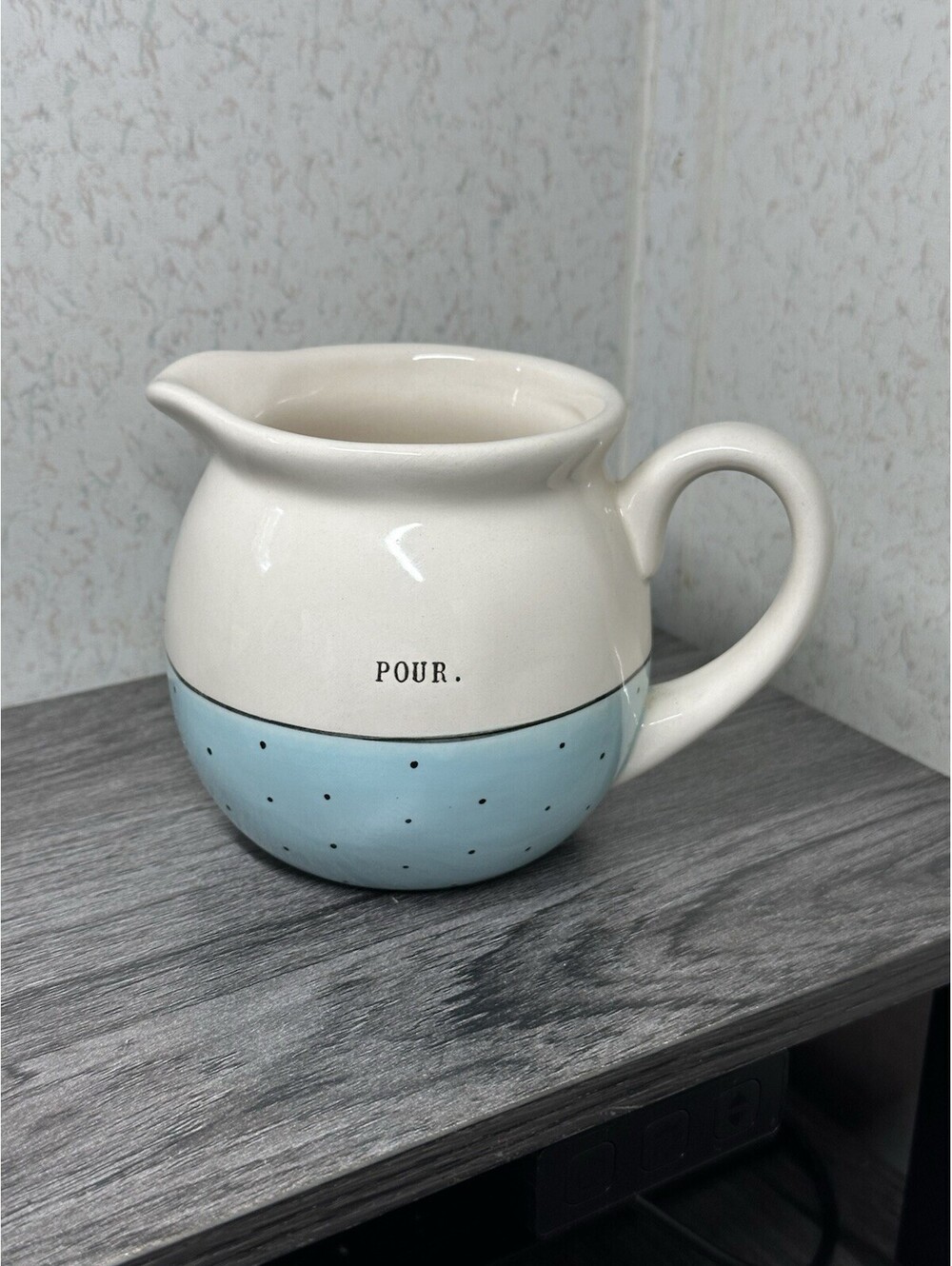 Rae Dunn Artisan Collection "Pour" Creamer Blue And White W/Polka Dots